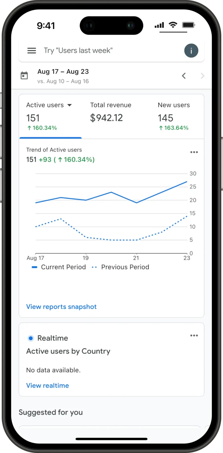 iPhone displaying Google Analytics dashboard for digital marketing